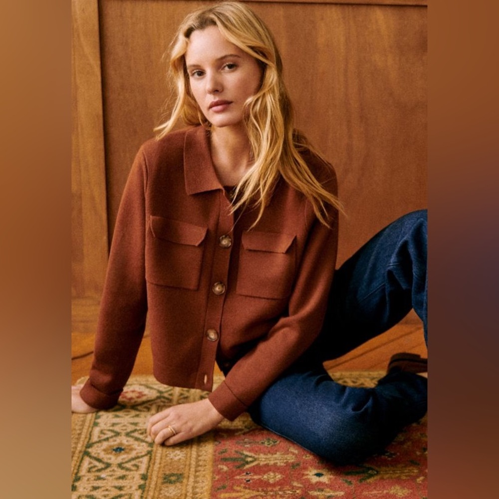 Sezane Rust-Brown Button Front Pocket Sweater